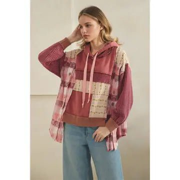 Washed Patchwork Waffle Detailed Layered Flower Hoodie Oli & Hali - Gal-Up Boutique