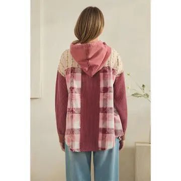 Washed Patchwork Waffle Detailed Layered Flower Hoodie Oli & Hali - Gal-Up Boutique