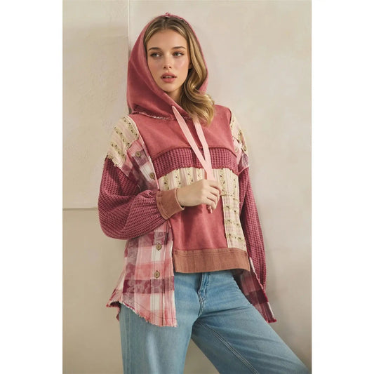 Washed Patchwork Waffle Detailed Layered Flower Hoodie Oli & Hali - Gal-Up Boutique