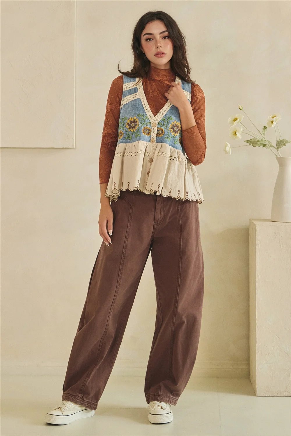 Washed Sunflower Embroidered Vest Oli & Hali - Gal-Up Boutique