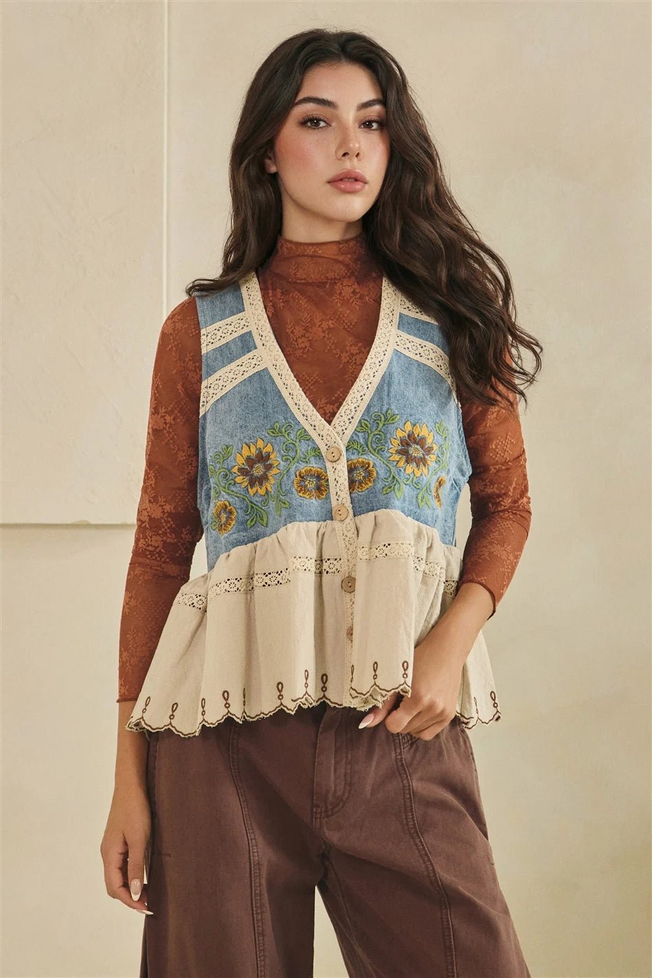 Washed Sunflower Embroidered Vest Oli & Hali - Gal-Up Boutique