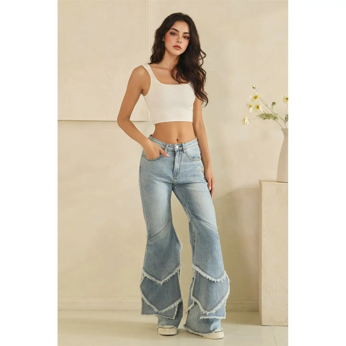 Washed Tiered Frayed Hem Flare Jeans Oli & Hali - Gal-Up Boutique