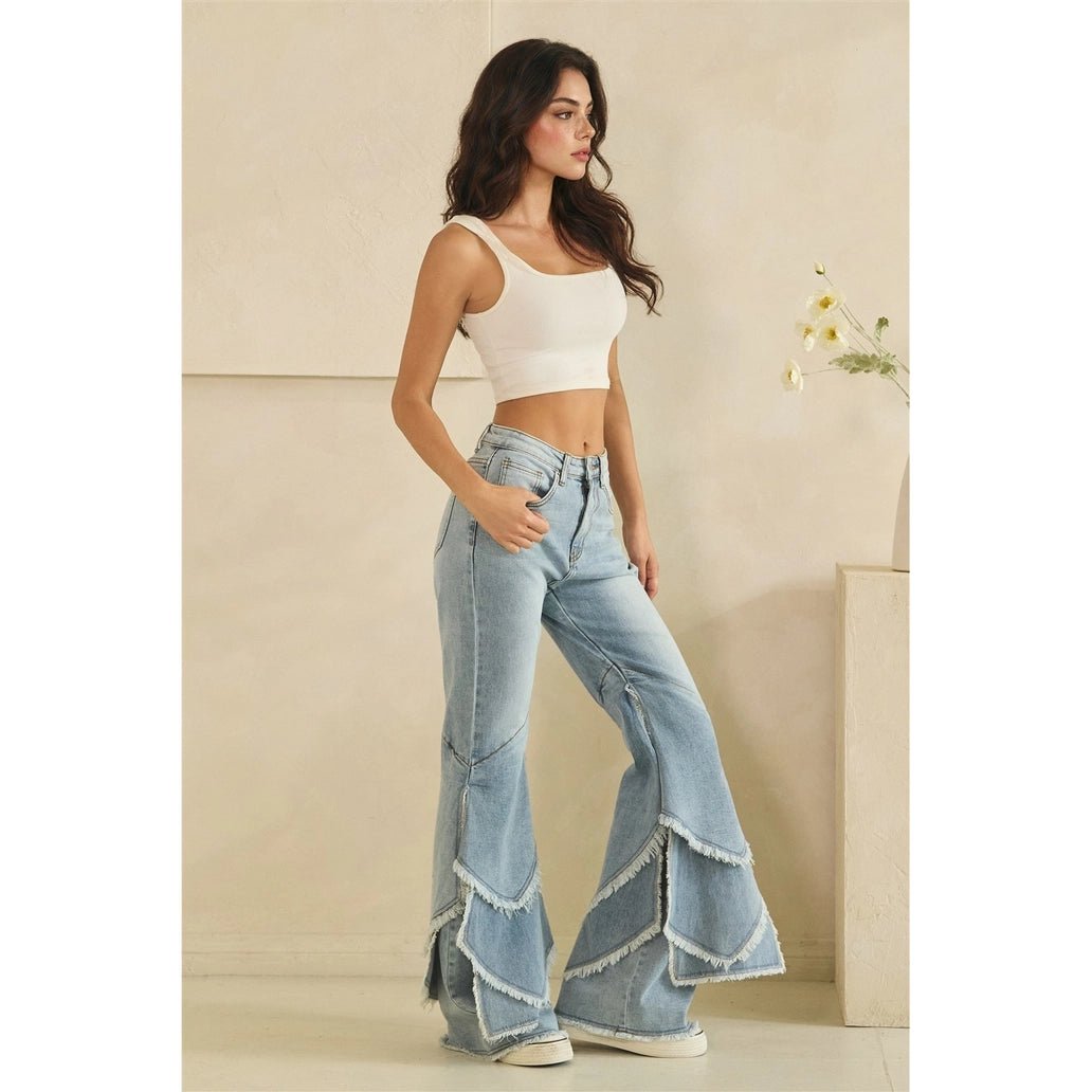 Washed Tiered Frayed Hem Flare Jeans Oli & Hali - Gal-Up Boutique