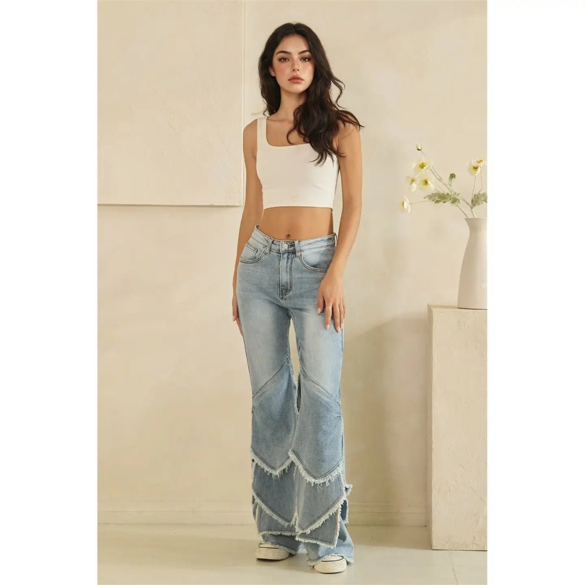 Washed Tiered Frayed Hem Flare Jeans Oli & Hali - Gal-Up Boutique