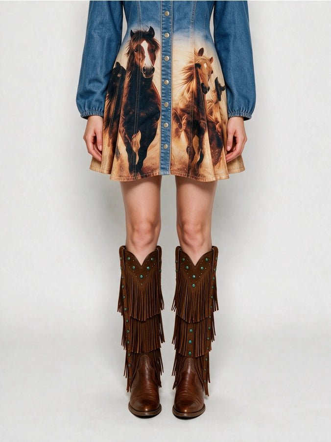The bottom of a denim dress with horse graphics and legs wearing boots