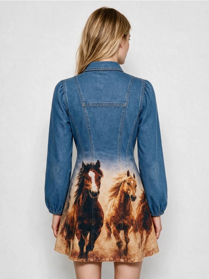 The back view of a woman wearing a denim dress with horse graphics.