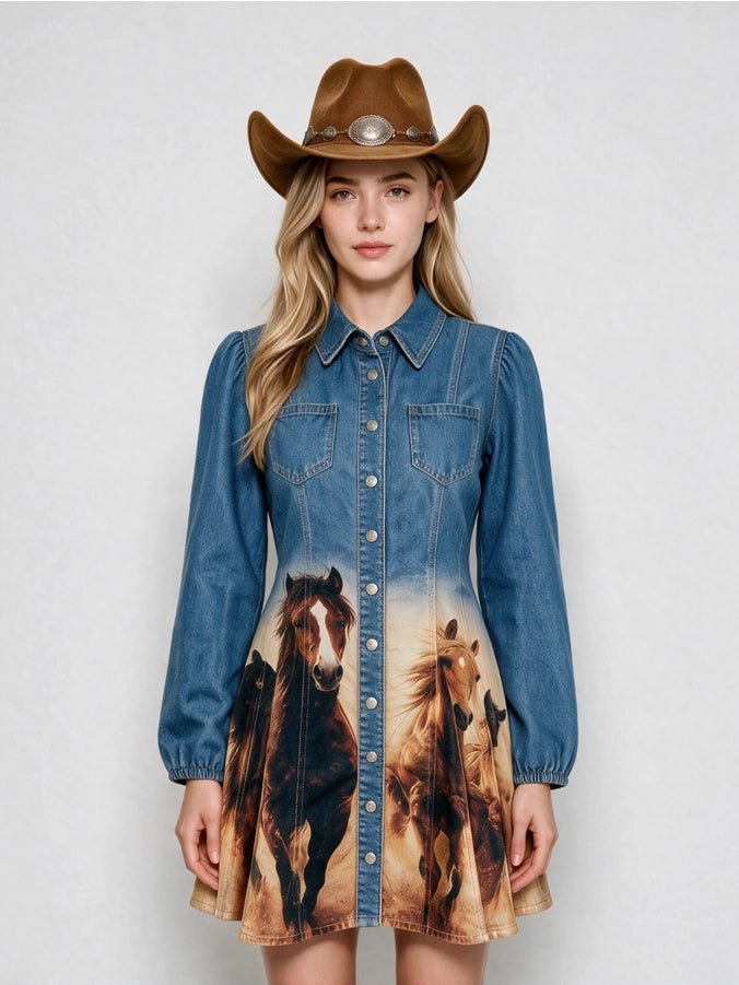 A woman wearing a brown cowboy hat and denim dress with horse graphics
