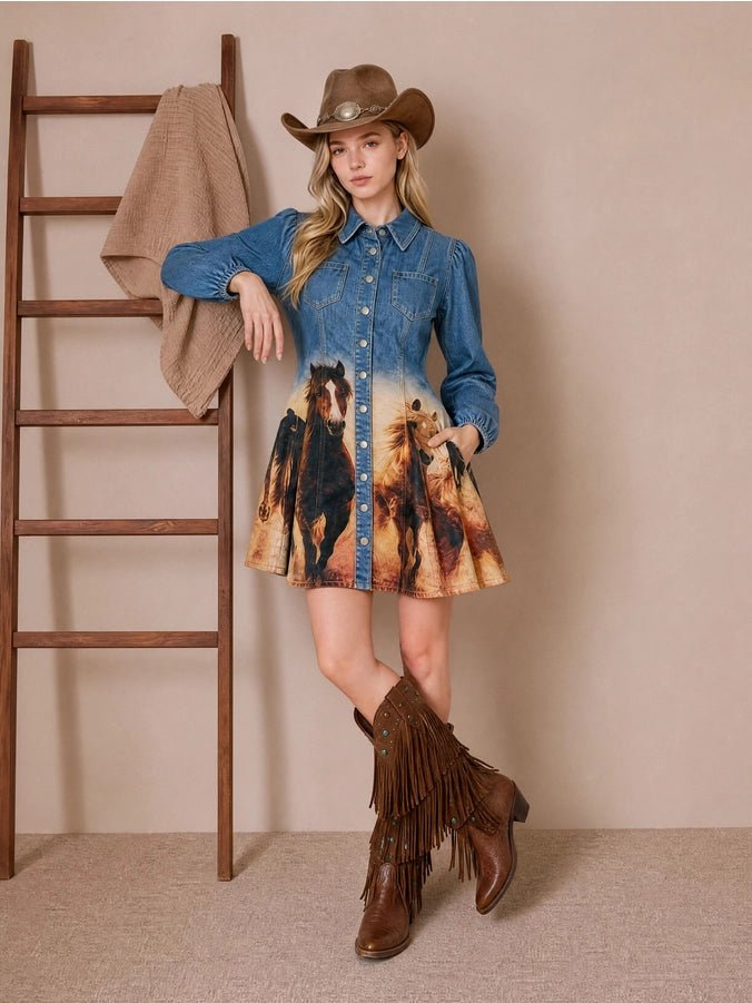 A woman leaning against a ladder wearing a long sleeve denim dress and boots
