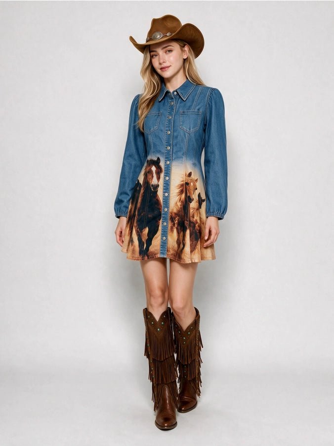 A woman wearing a cowboy hat, denim long-sleeve dress with horse graphics