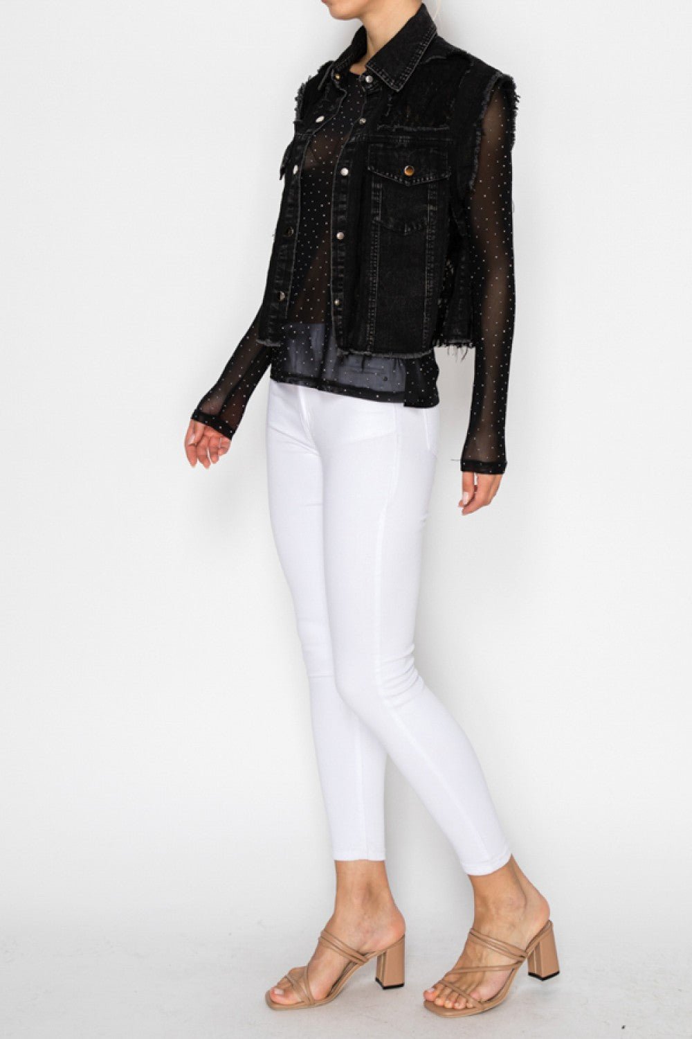 Western-Inspired Black Denim Vest with Long Black Lace Sleeves - Gal-Up Boutique