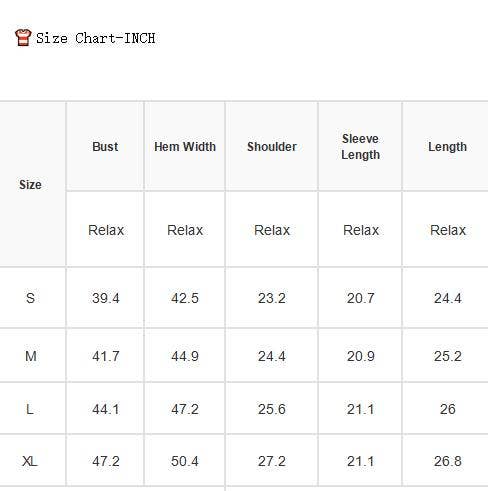 A size chart titled 'Size Chart-INCH' showing a table with size rows S through XL and columns for bust, hem width, shoulder, sleeve length, and length in inches.