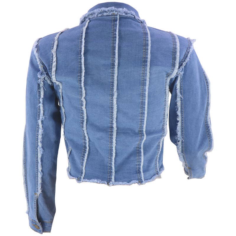 Blue denim jacket with frayed edges on a white background