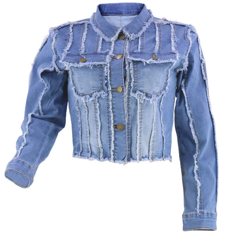 Blue denim jacket with frayed edges on a white background