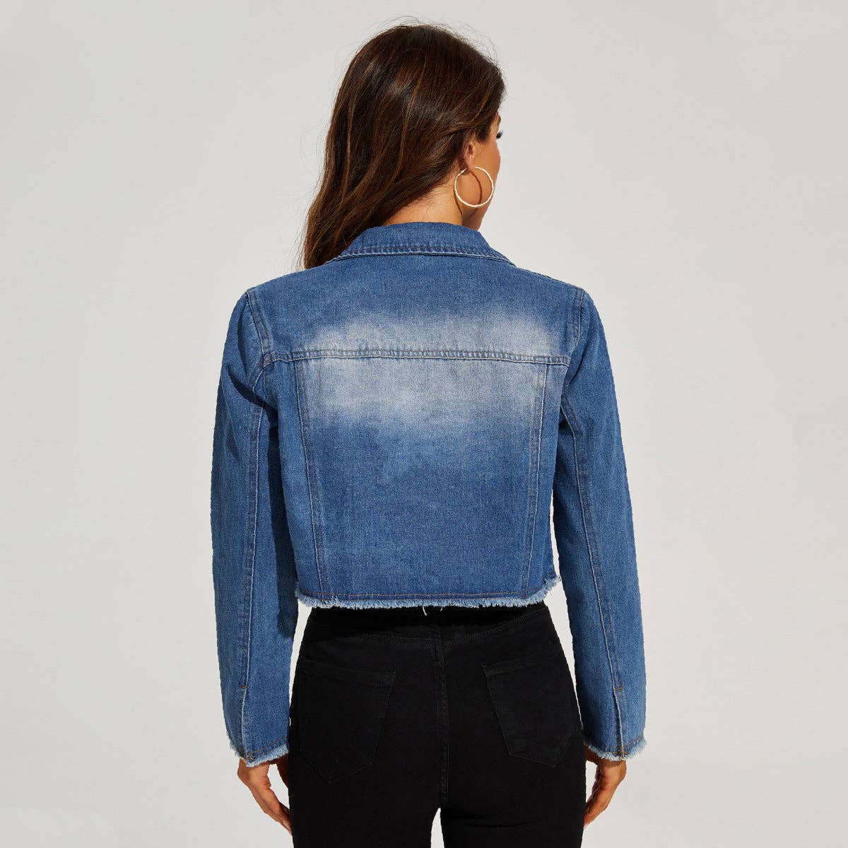 Women Vintage Crop Blue Denim Jacket with Lapel Collar Salina Trading - Gal-Up Boutique