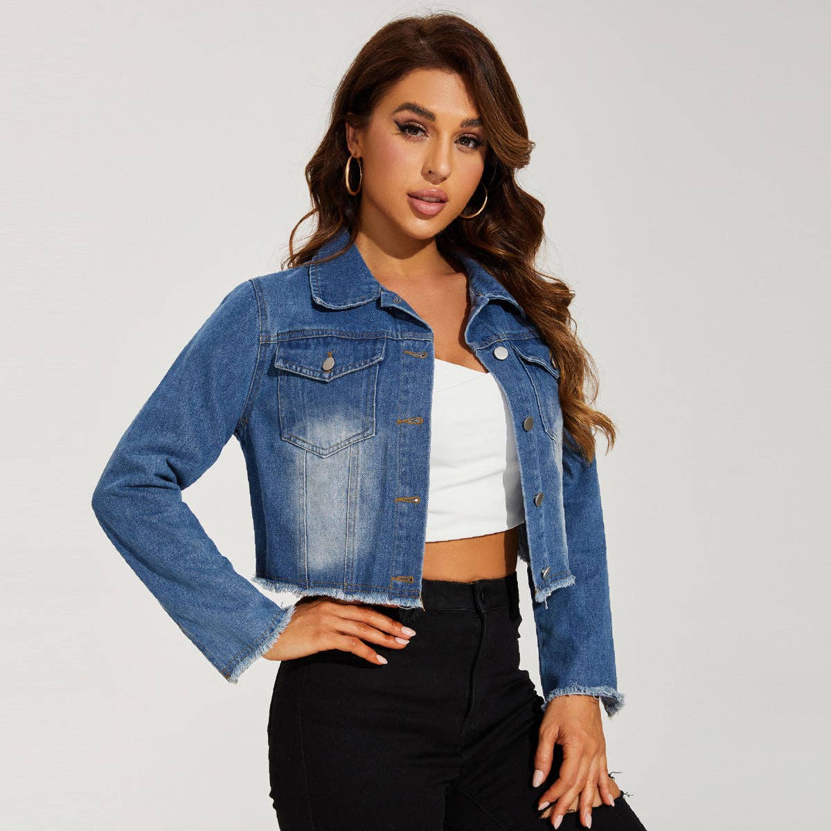 Women Vintage Crop Blue Denim Jacket with Lapel Collar Salina Trading - Gal-Up Boutique