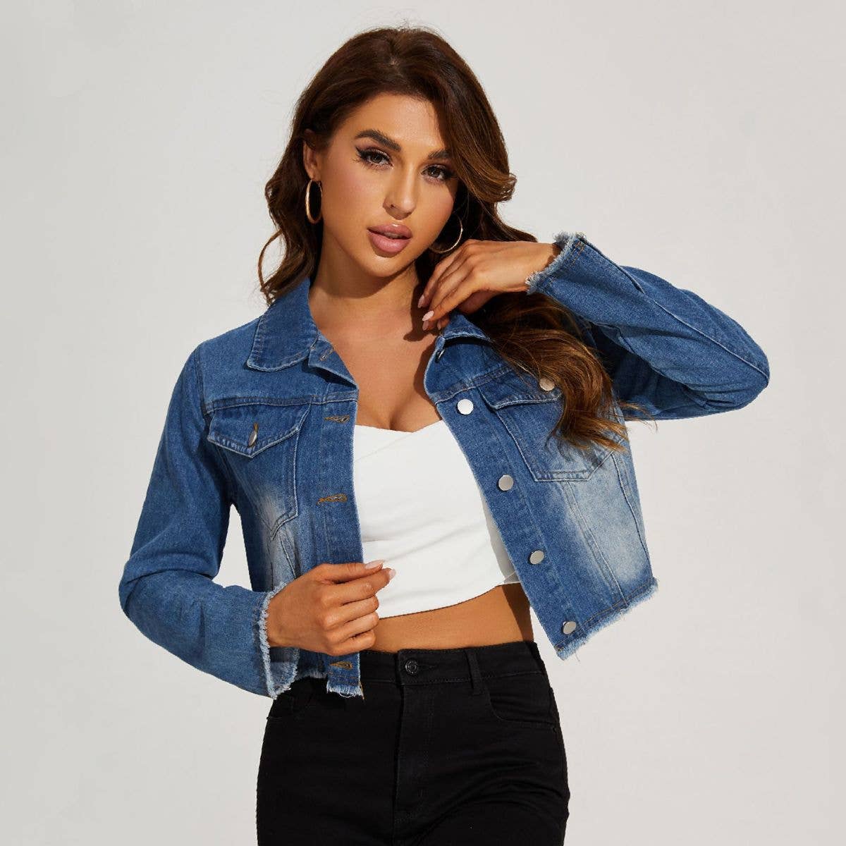 Women Vintage Crop Blue Denim Jacket with Lapel Collar Salina Trading - Gal-Up Boutique