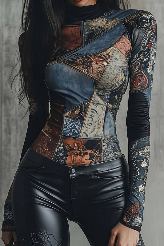 A woman wearing a fitted long-sleeve top with an intricate patchwork print combining blue denim, brown leather-like panels, and vintage-style illustrations, paired with black faux-leather pants against a gray textured background.