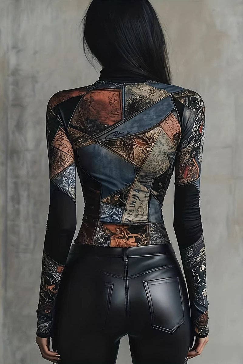 A woman shown from the back wearing a long-sleeve patchwork corset top with dark blue, brown, and black tones, paired with black faux-leather pants, against a textured gray wall.