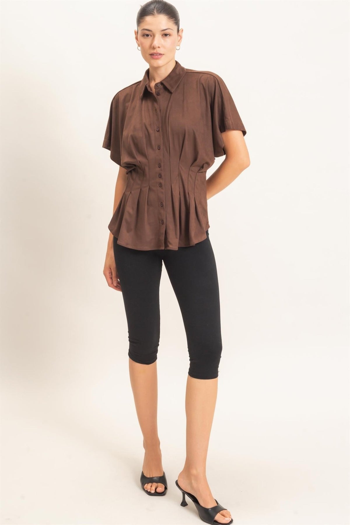 Women's Brown Suede Feel Button Down Blouse Hyfve - Gal-Up Boutique