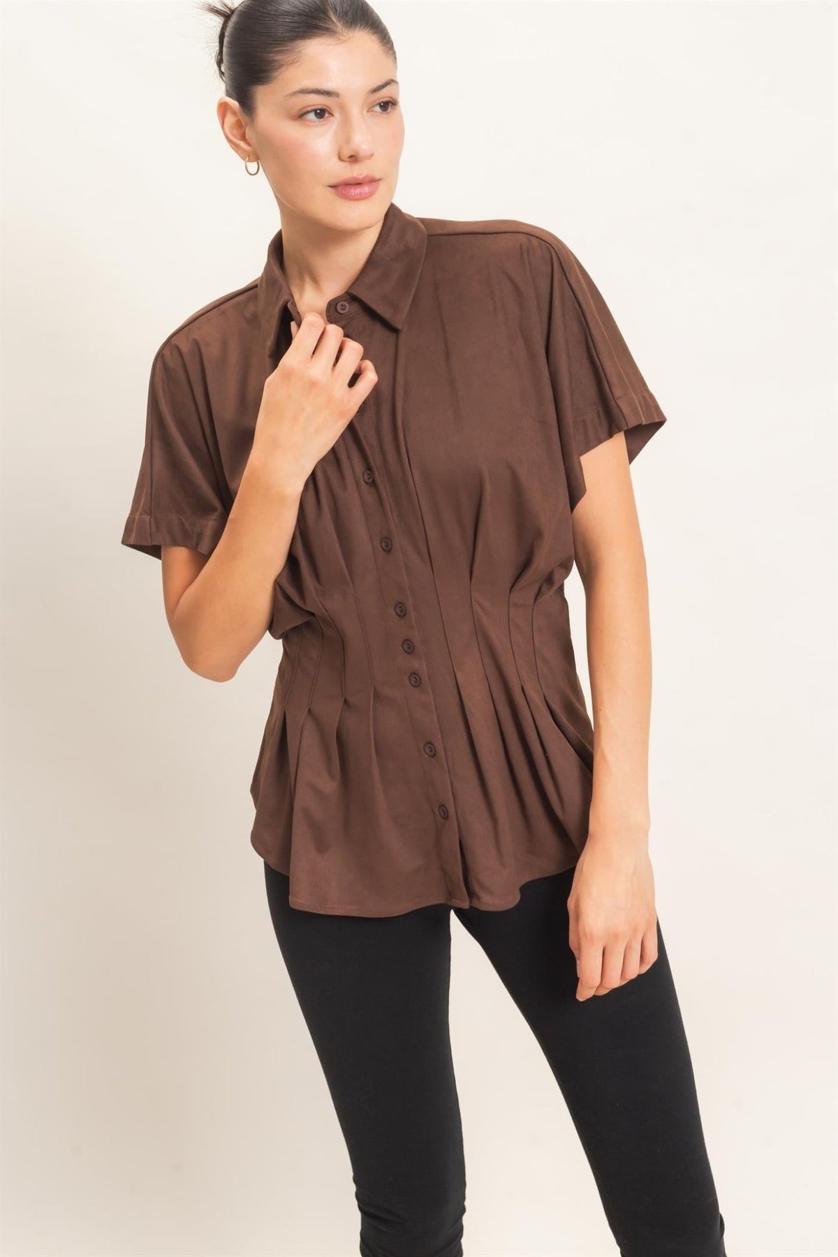 Women's Brown Suede Feel Button Down Blouse Hyfve - Gal-Up Boutique