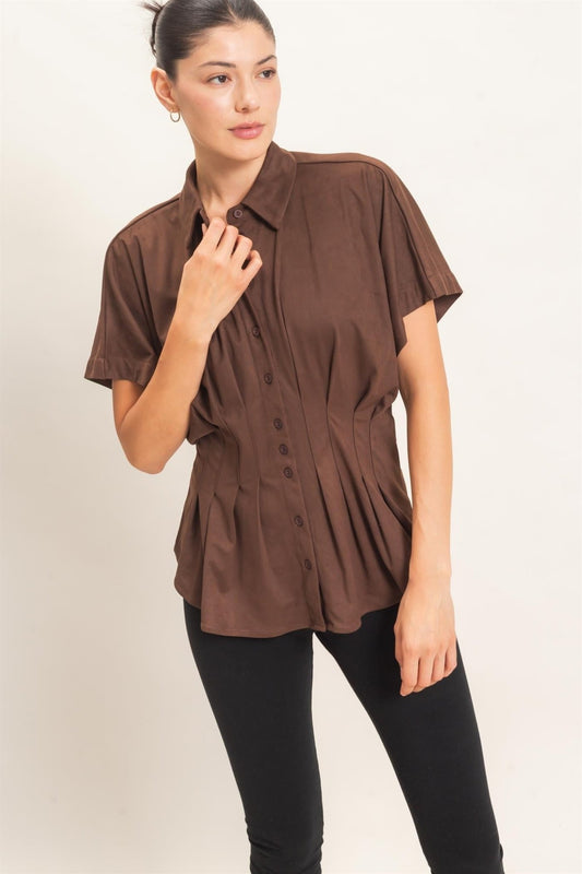 Women's Brown Suede Feel Button Down Blouse Hyfve - Gal-Up Boutique