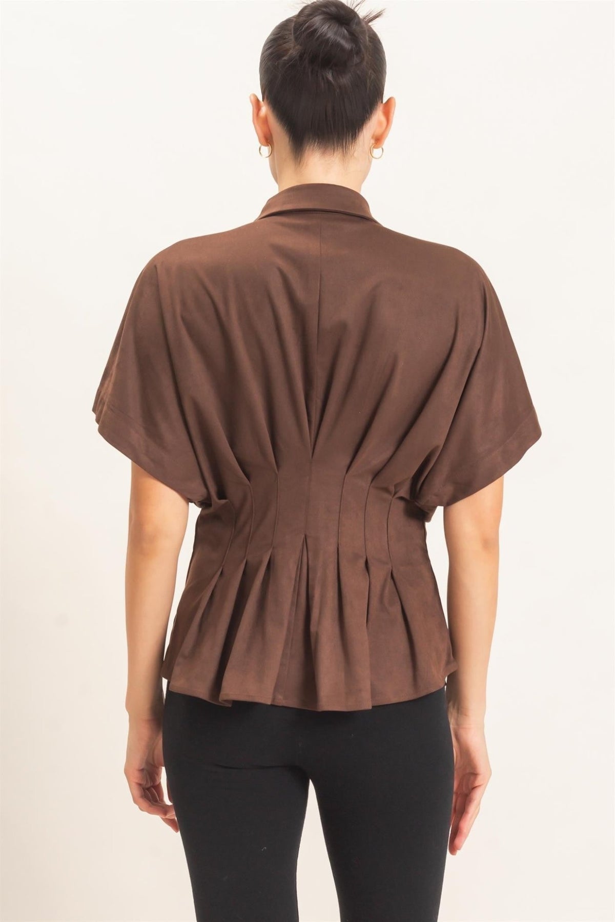 Women's Brown Suede Feel Button Down Blouse Hyfve - Gal-Up Boutique
