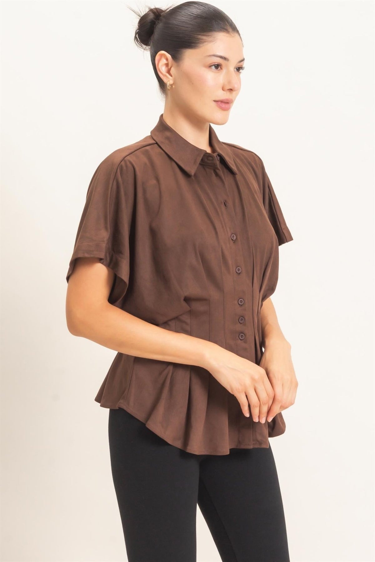 Women's Brown Suede Feel Button Down Blouse Hyfve - Gal-Up Boutique