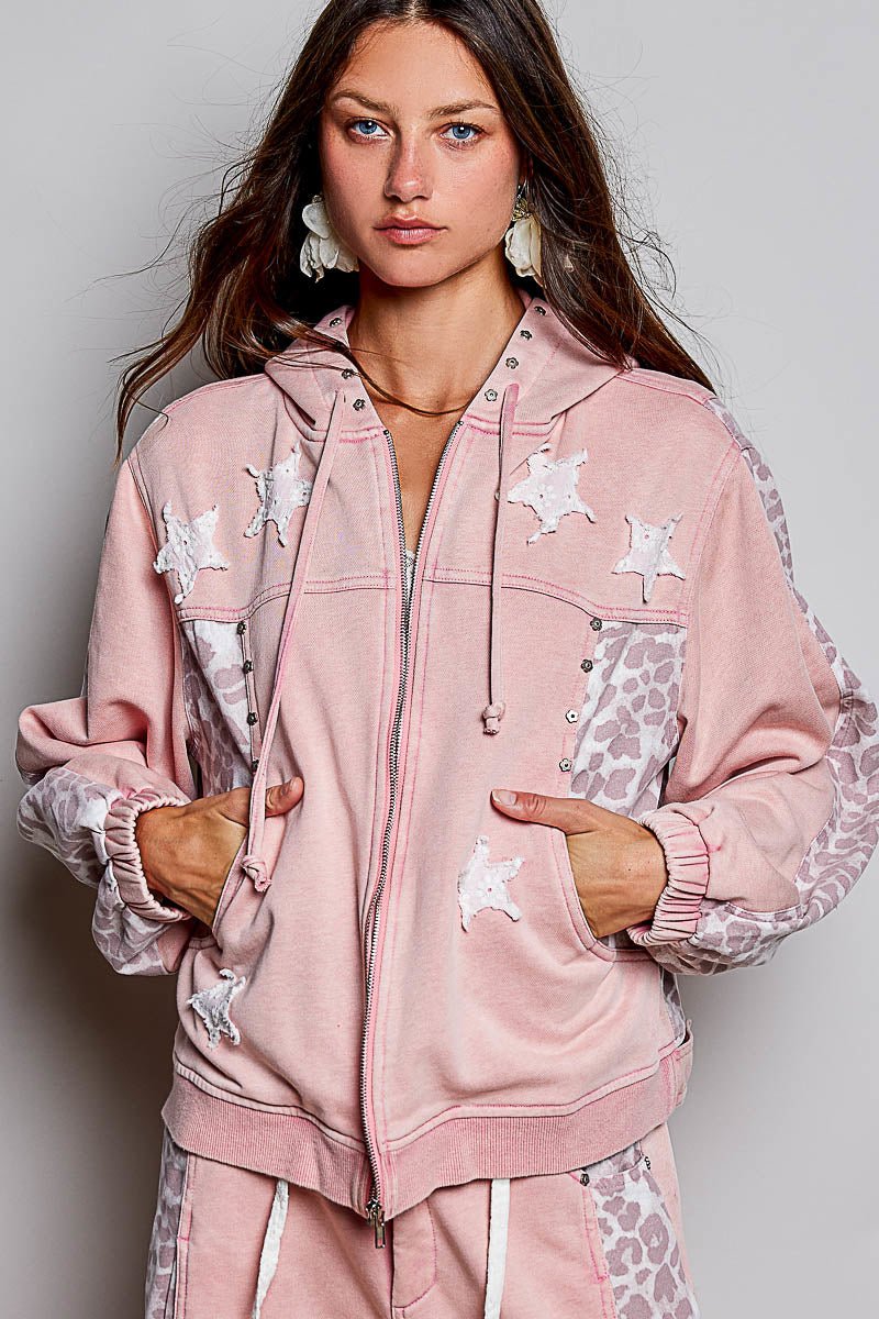 Women's Chalk Pink French Terry Hoodie Leopard Print Pol Clothing - Gal-Up Boutique