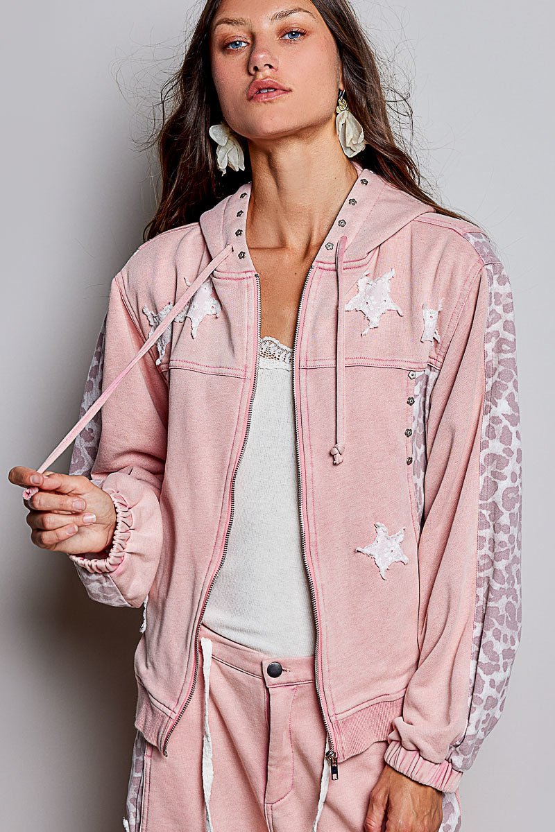Women's Chalk Pink French Terry Hoodie Leopard Print Pol Clothing - Gal-Up Boutique