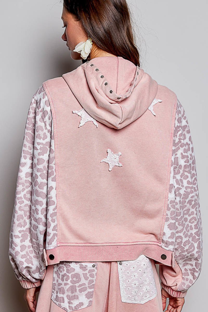 Women's Chalk Pink French Terry Hoodie Leopard Print Pol Clothing - Gal-Up Boutique