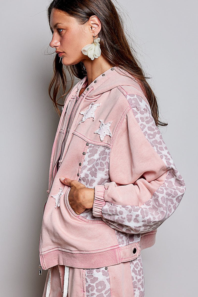 Women's Chalk Pink French Terry Hoodie Leopard Print Pol Clothing - Gal-Up Boutique