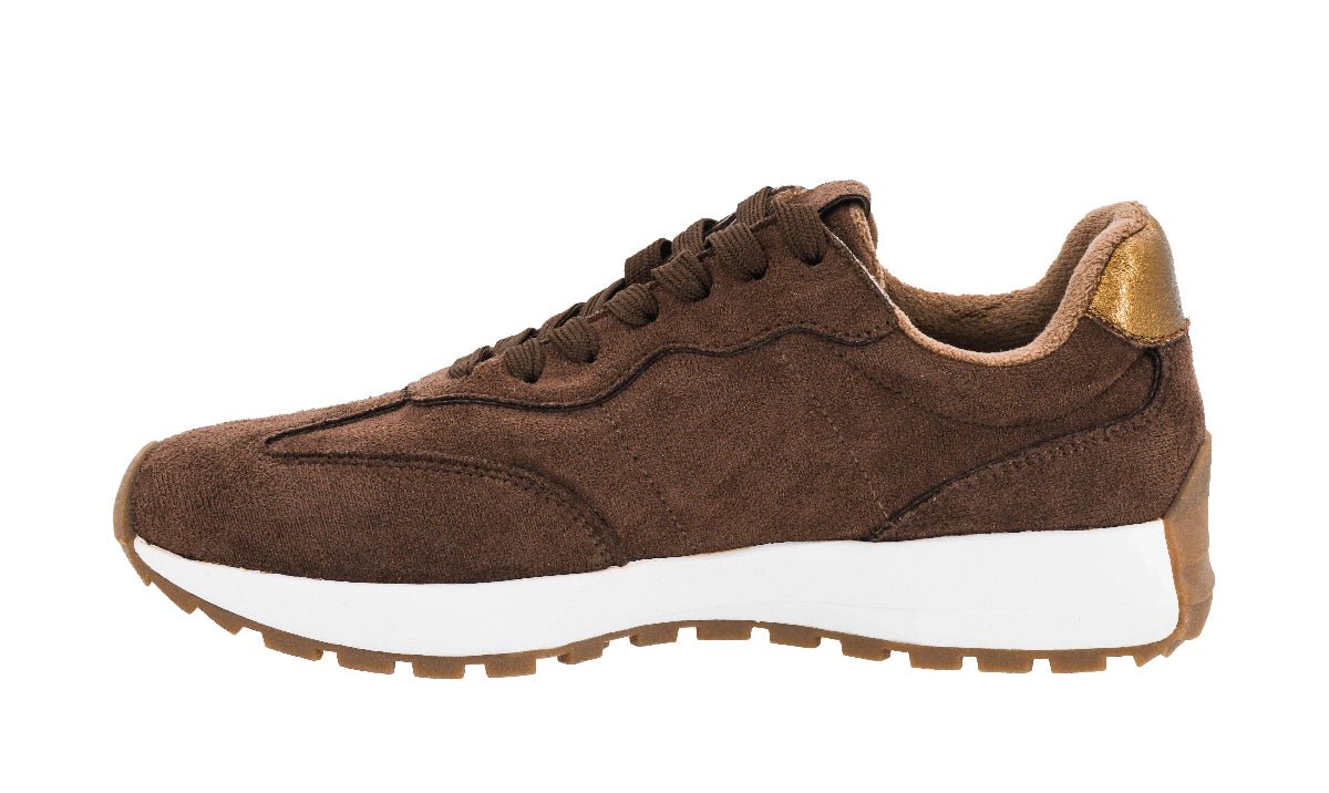 Brown sneaker with white sole on a white background