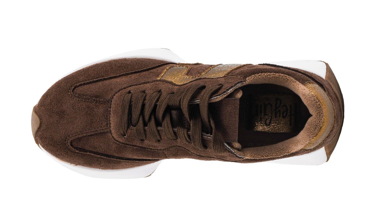 Top View Of Chocolate Brown Tennis Shoes with Gold Accent