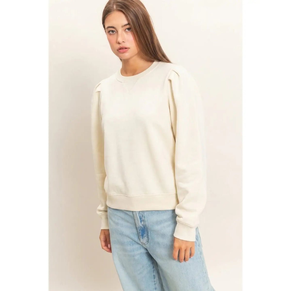 Cream Loose Fit Sweater On Female Model