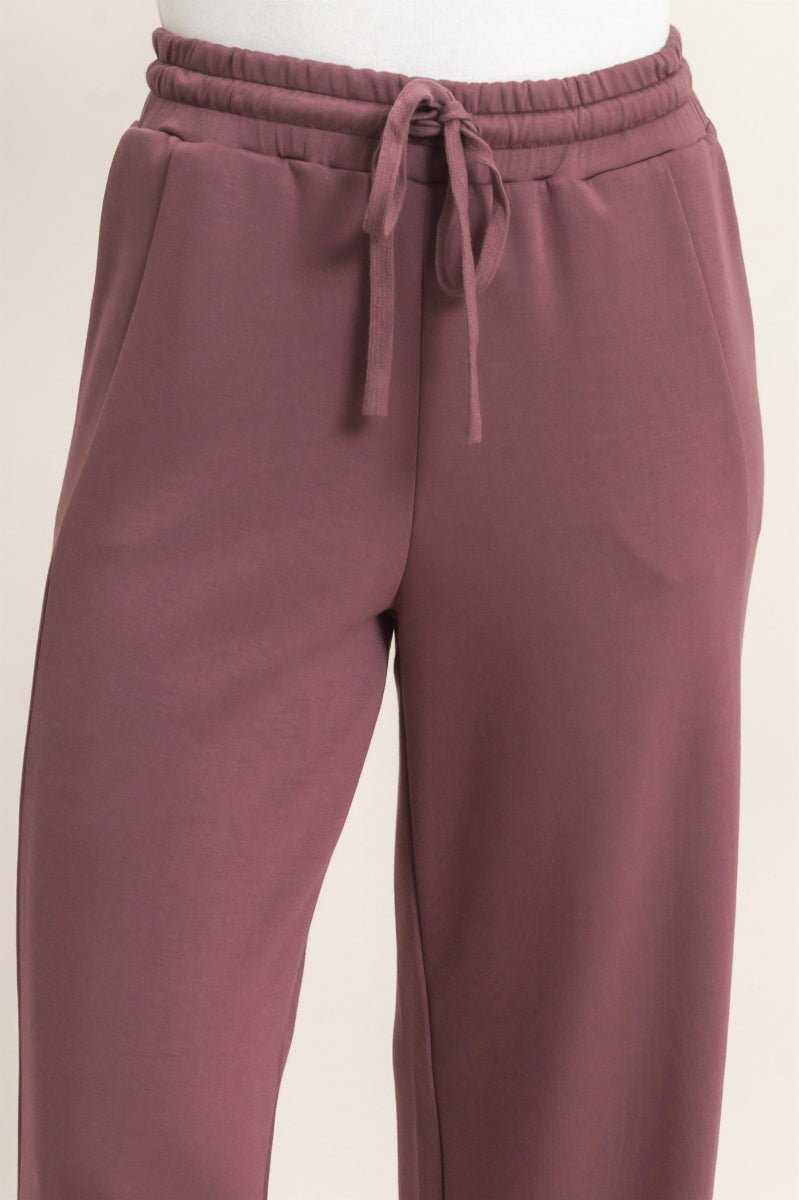 A close-up of a pair of dusty rose drawstring sweatpants worn on a mannequin, showing the elastic waistband and side pockets against a light beige background.