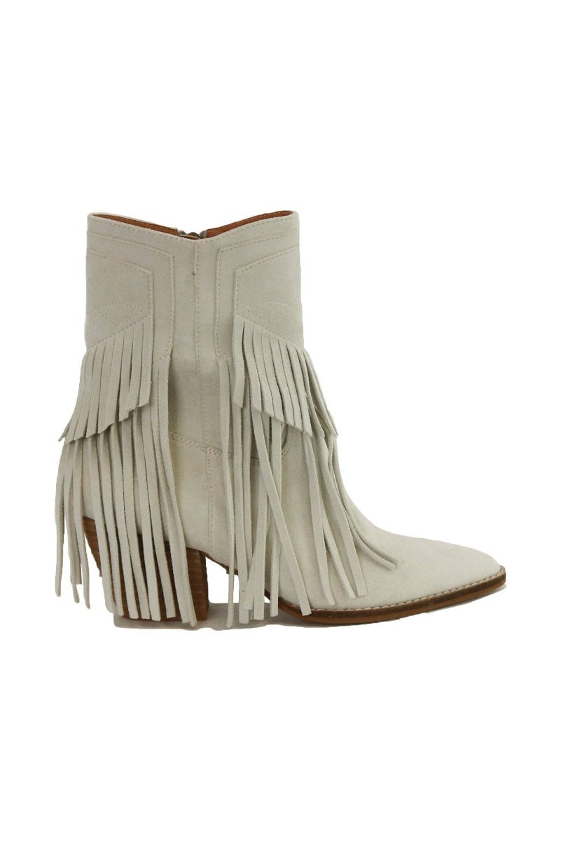White fringe boots on a white background