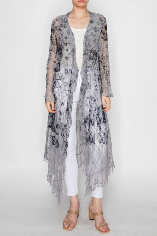 Women's Long Cardigan Western Inspired Duster Ruffled Detailing Gray - Gal-Up Boutique
