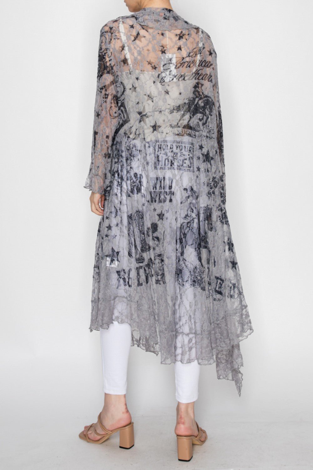 Women's Long Cardigan Western Inspired Duster Ruffled Detailing Gray - Gal-Up Boutique