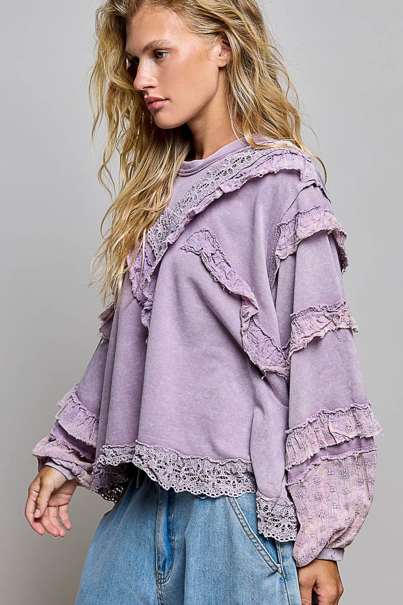 Women's Loose Fit Top Powder Lilac Eyelet Accent Pol Clothing - Gal-Up Boutique
