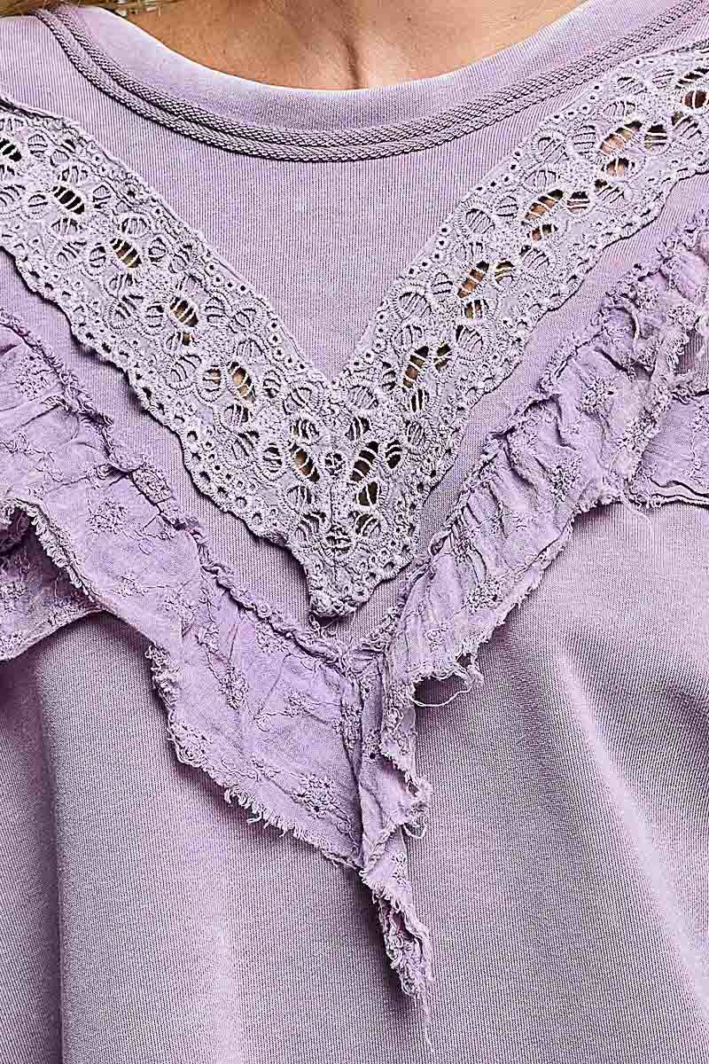Women's Loose Fit Top Powder Lilac Eyelet Accent Pol Clothing - Gal-Up Boutique