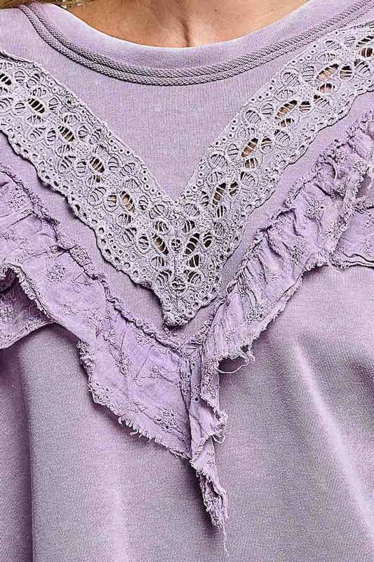 Women's Loose Fit Top Powder Lilac Eyelet Accent Pol Clothing - Gal-Up Boutique