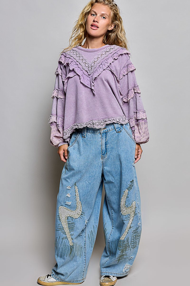 Women's Loose Fit Top Powder Lilac Eyelet Accent Pol Clothing - Gal-Up Boutique