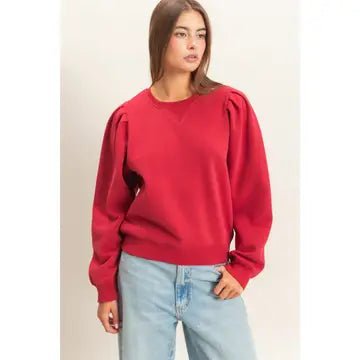 Women's Red Puff Sleeve Crew Neck Sweatshirt - Gal-Up Boutique