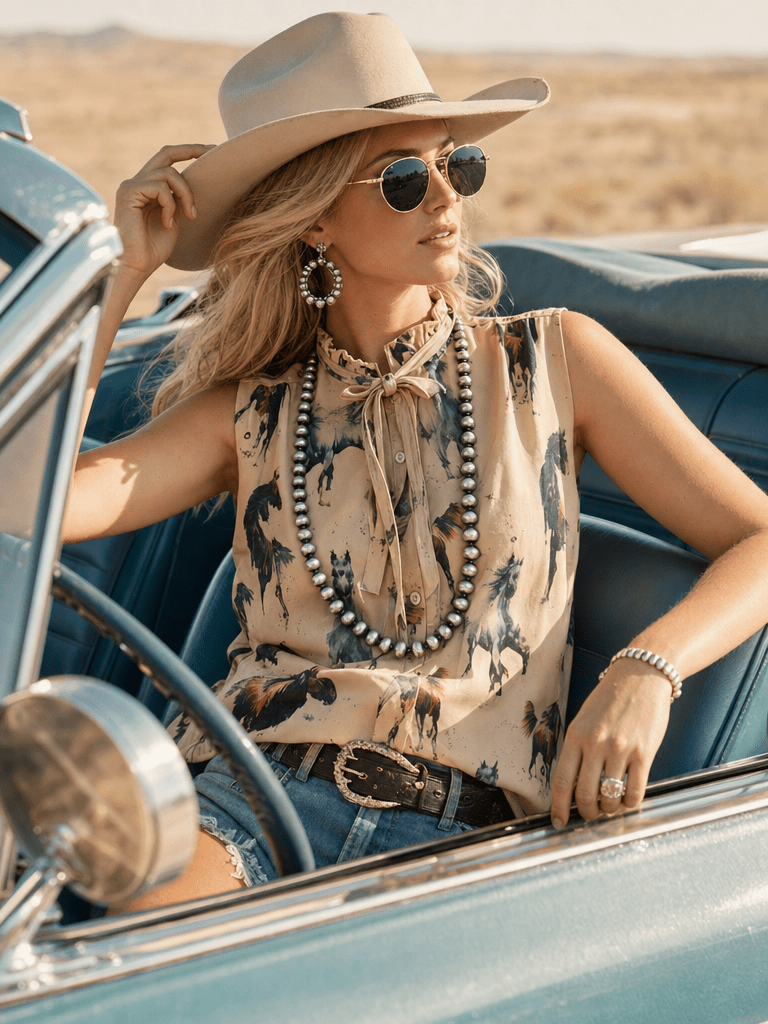 A woman wearing a beige wide-brim hat, round sunglasses, a long beaded necklace, and a sleeveless tie-neck blouse with a black and brown horse print sits in a vintage teal convertible car outdoors.