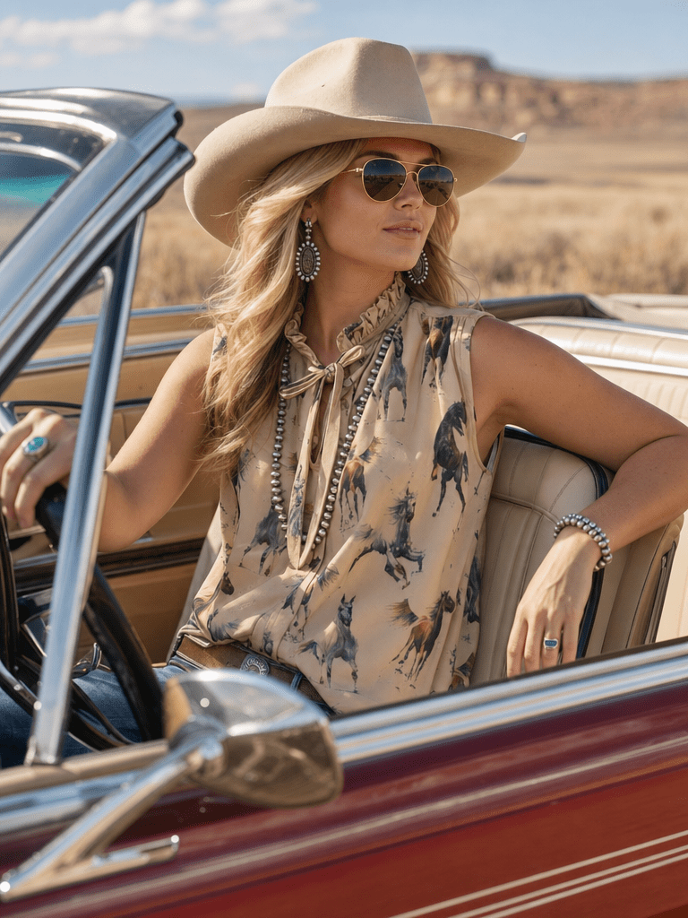 A woman wearing a beige cowboy hat, sunglasses, and a sleeveless beige blouse with a horse print sits in a vintage red convertible car in a desert landscape.