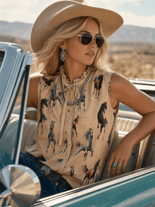 A woman wearing a beige cowboy hat, sunglasses, turquoise earrings, and a sleeveless beige blouse with a horse print, sitting in a vintage teal convertible car outdoors.
